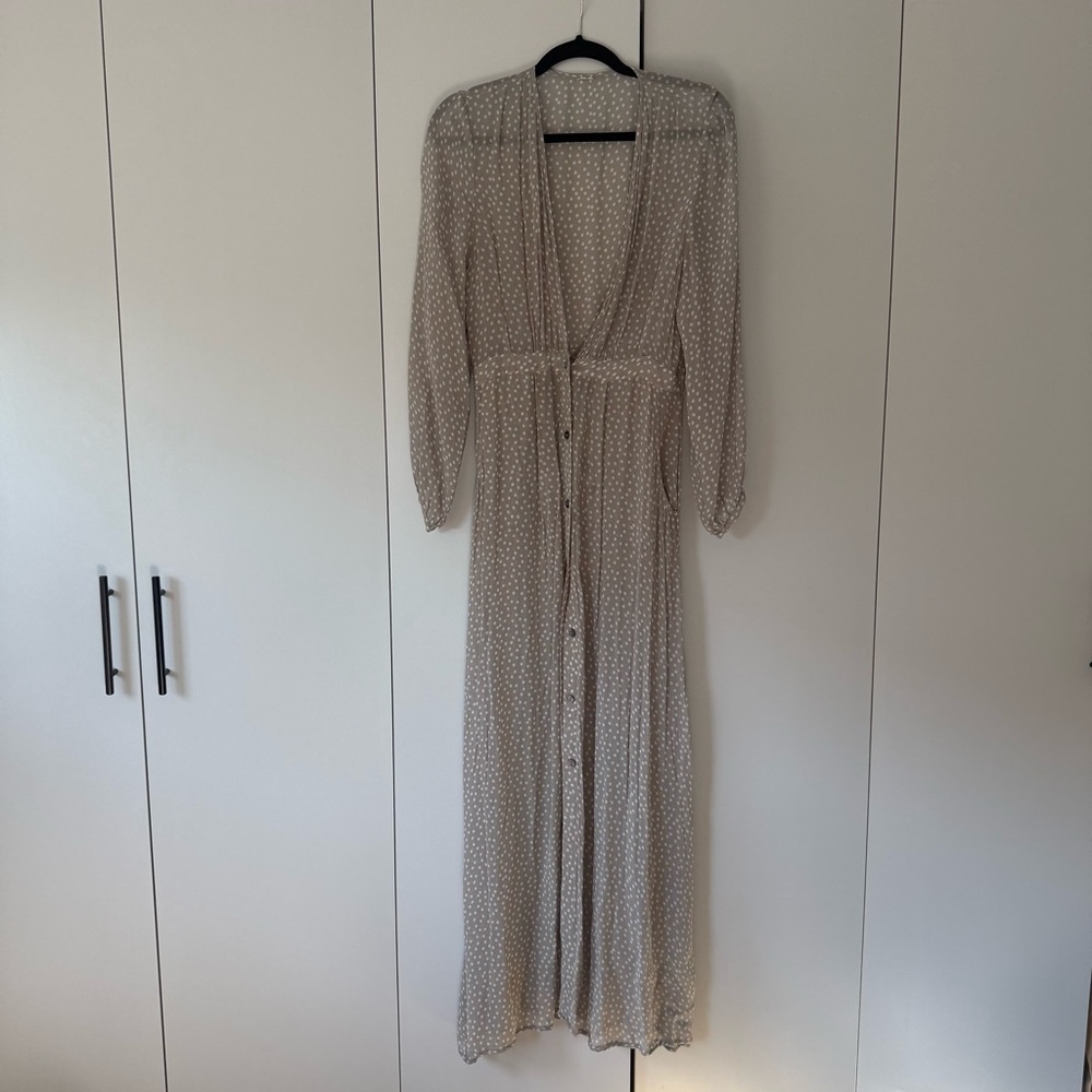 Chan Luu Sheer Button Front Maxi Dress – Long Sleeve Boho Cream Print (S/M)